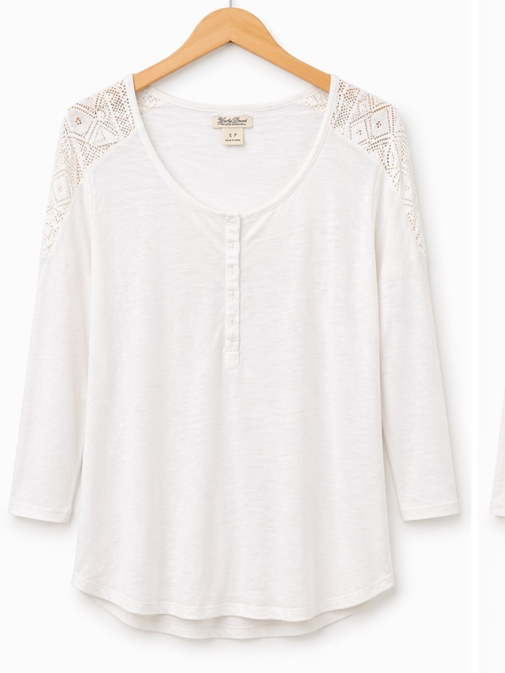 Lucky Brand White Long Sleeve Henley with Lace Shoulders M